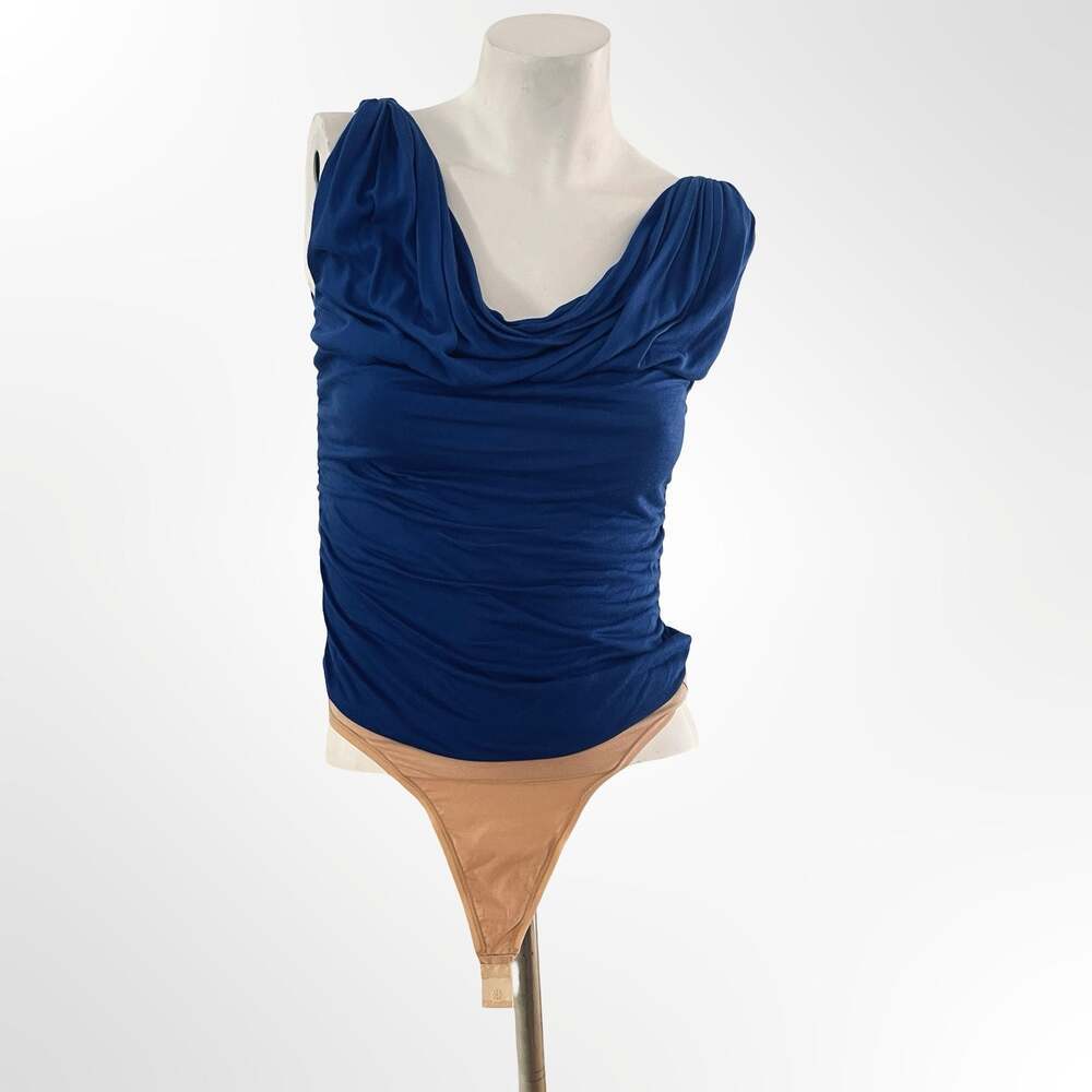 Express Blue Ruched Cowl Neck Sleeveless Bodysuit